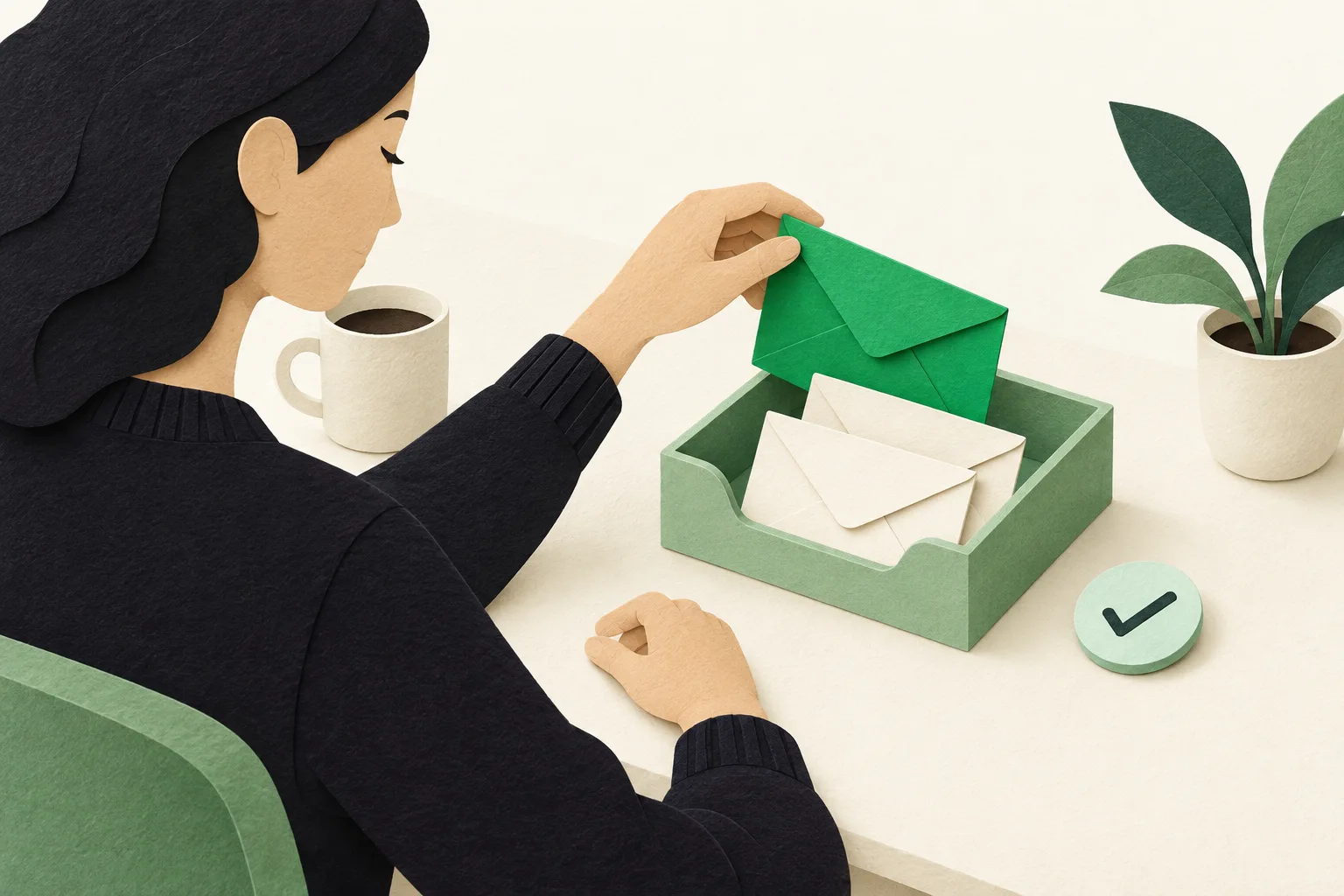 A person selecting a green envelope for a small inbox tray, illustrating a deliberate choice to receive messages.