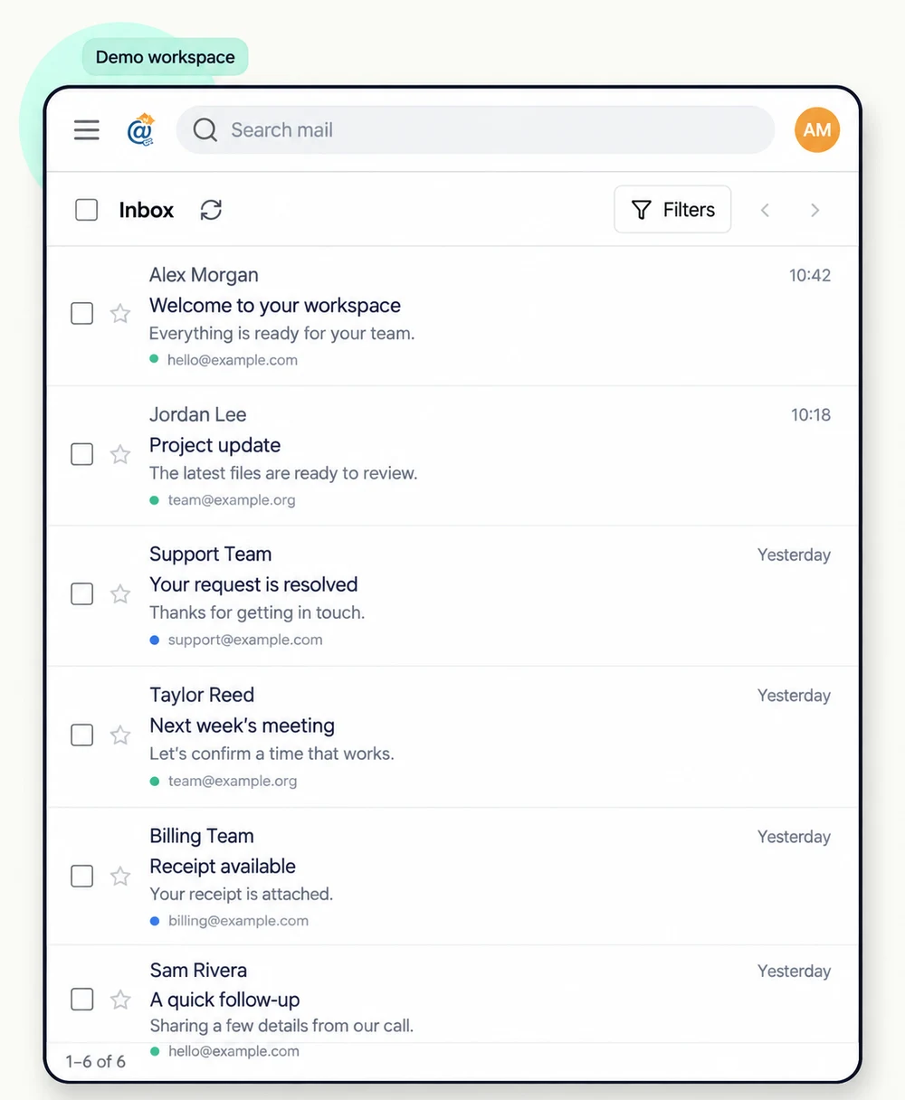 Mailat inbox with search, filters and messages from multiple demo addresses.