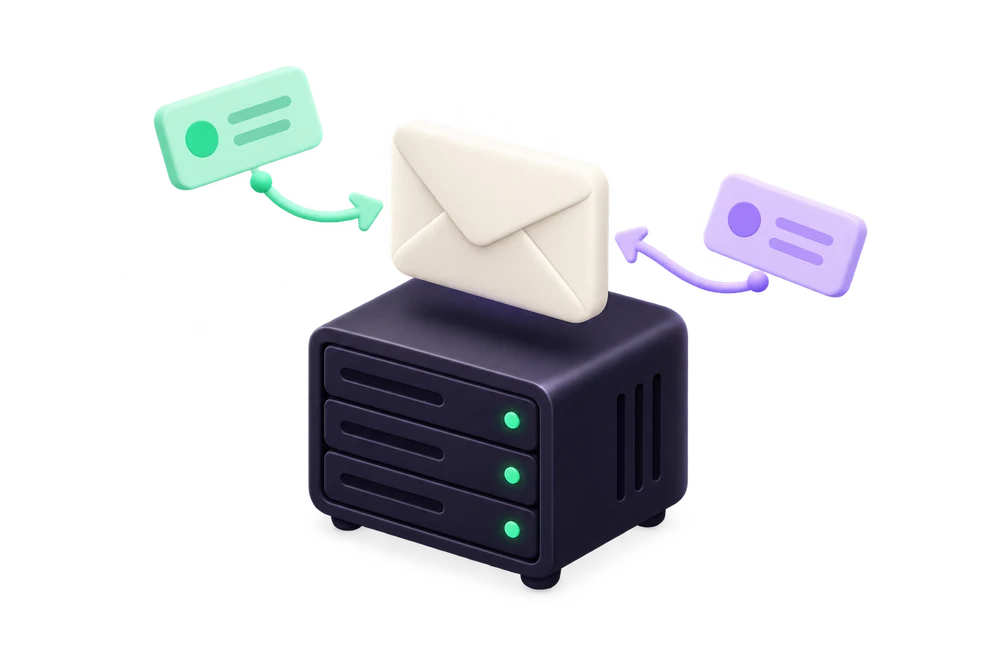 Concept illustration of a dedicated Mailat server with an envelope and message cards.